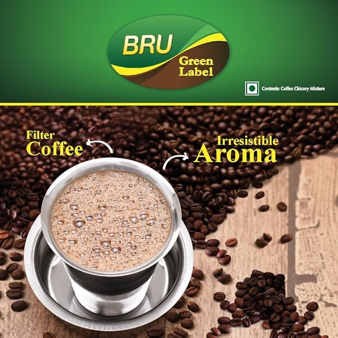 Bru Green Label Filter Coffee 500g I Perfect Mix of 53% Coffee and 47% Chicory I Rich and Smooth Flavourful Cup I Nitro Flush Packaging Retains Fresh Flavour and Aroma I 500g